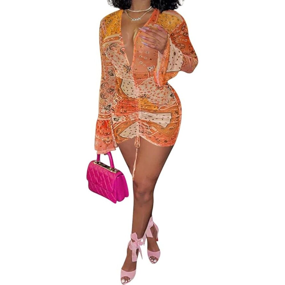 Orange Ruched Mini Dress Mesh Printed Deep V Plunge Flare Bell Sleeve XL Sexy